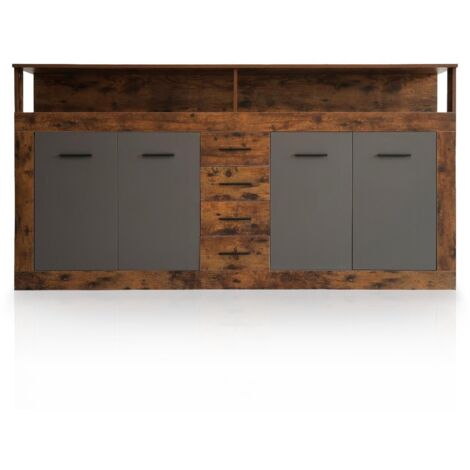 Cotecosy – Buffet industriel L190 x P32 x H95 cm – 4 portes et 4 tiroirs – Bois foncé et gris – Étagères intérieures pour rangement optimisé
