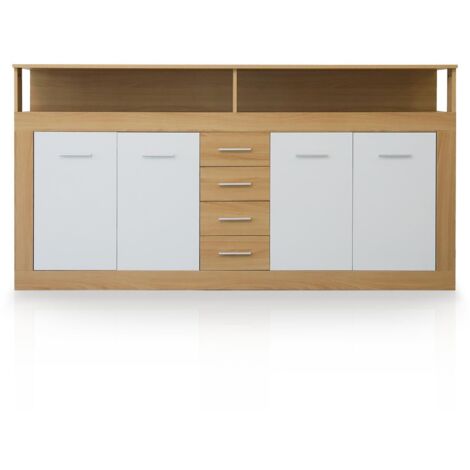 Cotecosy – Buffet contemporain 190cm – 4 portes et 4 tiroirs – Bois sonoma et blanc – Rangement élégant pour salon moderne