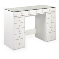 Coiffeuse moderne avec 13 tiroirs et plateau en verre transparent L120cm Probeauty Blanc