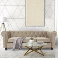 Cotecosy – Canapé Chesterfield 3 places en velours taupe – Dimensions L203 x P84 x H67 cm – Confort optimal avec capitonnage – Design chic et intemporel