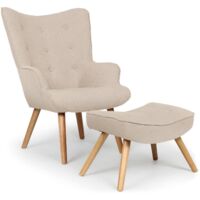 Cotecosy – Fauteuil scandinave convertible avec pouf Lylou – Tissu beige – Dimensions L70 x P77 x H98 cm – Assise H37 cm – Design moderne