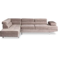 Cotecosy – Canapé d'angle velours taupe avec têtières relevables – Grand confort – Méridienne à droite – Dimensions L260 x P170 x H74 cm