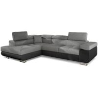 Cotecosy – Canapé d'angle convertible noir et gris – 5 places – Têtières relevables – Surface de couchage 125x200 cm – Dimensions L255 x P188 x H85,5 cm