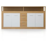 Cotecosy – Buffet contemporain 190cm – 4 portes et 4 tiroirs – Bois sonoma et blanc – Hauteur 95cm, profondeur 32cm – Élégant et fonctionnel