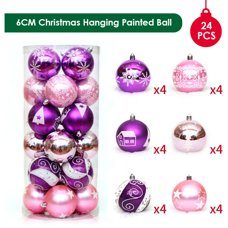 Pintado de Navidad Colgante bola 24PCS 6cm de la bola de Navidad Adornos de Navidad para la decoracion del arbol de Deco del partido Inicio Diario Uso presente Festival de regalo de vacaciones del estreno de una portatil, Rosa