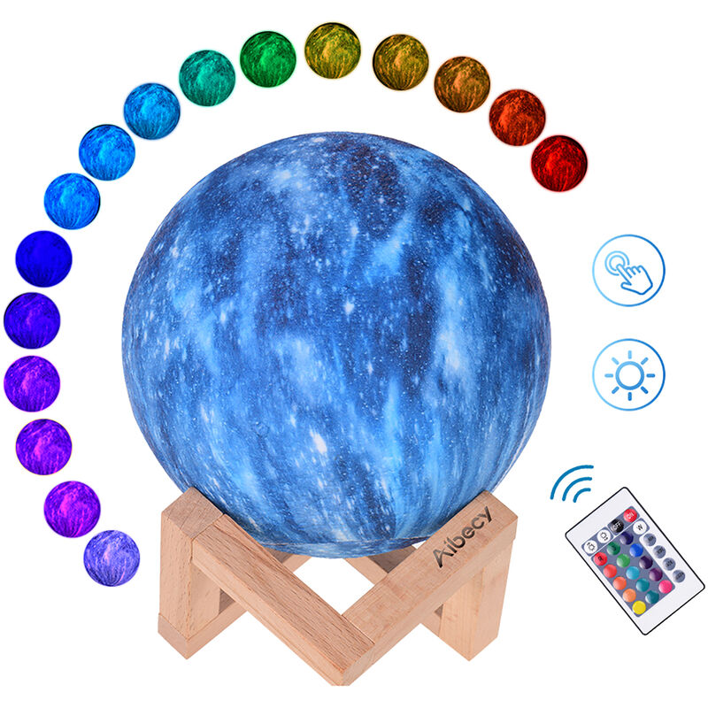 Aibecy LED Lampara Luna Luna luz de la noche Impreso 3D grande Lunar de la lampara con el cable USB Bateria de 16 brillantes colores del mando a distancia y TouchControl recargables, de 10 cm de diametro / 3.9in, Azul