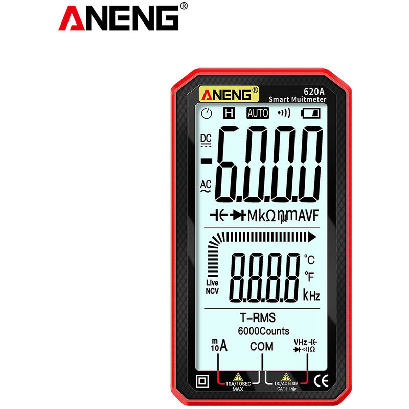 ANENG de 4,7 pulgadas de pantalla LCD AC / DC multimetro digital de verdadero valor eficaz ultraportatil Multimetro con escala automatica con Amp voltios Ohm capacitancia Continuidad Temperatura Frecuencia diodo Tests NCV Tester, Rojo