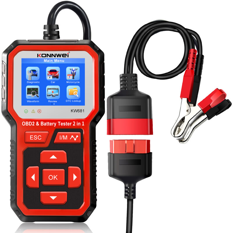 KONNWEI KW681 Probador de bateria de coche y motocicleta y herramienta de escaner de diagnostico OBDII 2 en 1