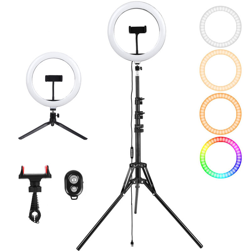 Andoer - Luz de anillo RGB de 10 pulgadas, colorida, LED, lampara de fotografia, regulable por USB, con soportes para telefono, obturador remoto, adaptadores de cabezal de bola, soporte de luz de 150 cm, mini tripode de escritorio para transmision en vivo, video en linea, selfie, maquillaje, vlog, Negro