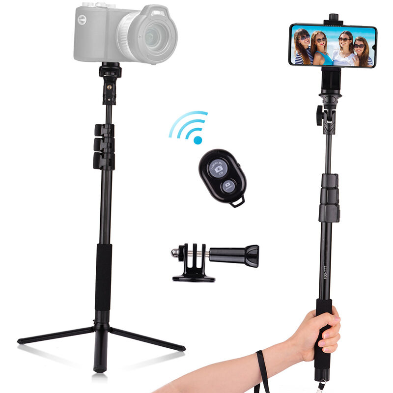 Andoer - Soporte para tripode extensible para Selfie Stick de 54 pulgadas, aleacion de aluminio con tripode de escritorio desmontable, soporte para telefono, adaptador de montaje para camara deportiva, obturador remoto, compatible con telefonos iPhone y Android para Selfie Group Photo Live Video, Negro