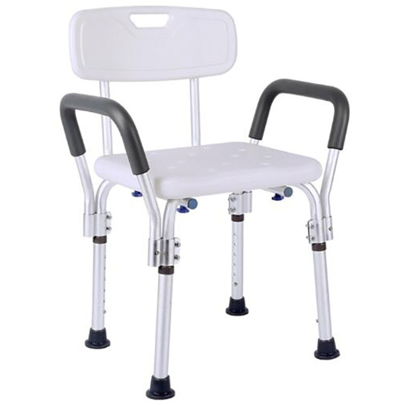 Banco de ducha de aleacion de aluminio con reposabrazos y respaldo Taburete de ducha antideslizante Silla de ducha ajustable con orificios de drenaje Asiento de bano multifuncional Silla de bano Silla de bano Taburete de banera Taburete de bano Taburete de bano Taburete de bano para ancianos embarazadas Discapacitados, Plateado y blanco, con reposabrazos y respaldo