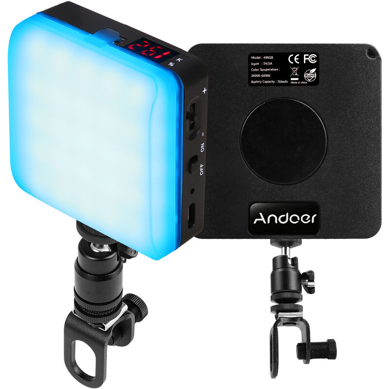 Andoer Pocket RGB Luz de relleno Luz LED para video Luz de videoconferencia con clip CRI95 + 2600K-6000K Bateria incorporada regulable con pantalla LED Clip de pantalla en forma de U trasero magnetico para Vlog Live Streaming Reunion educativa en linea, Negro