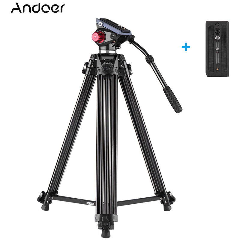 Andoer Tripode de video profesional de aleacion de aluminio con cabezal hidraulico fluido Placa de liberacion rapida de repuesto Telescopico de 3 secciones para videocamara con camara DSLR Max. Altura 67 pulgadas Carga maxima 10 kg, Negro