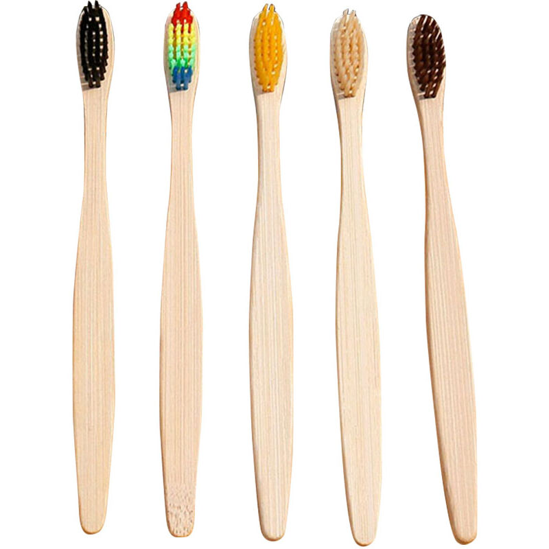 Cepillos de dientes de bambu natural Cerdas suaves Cepillo de dientes con mango de bambu para uso en viajes de hotel en casa, Paquete de 5