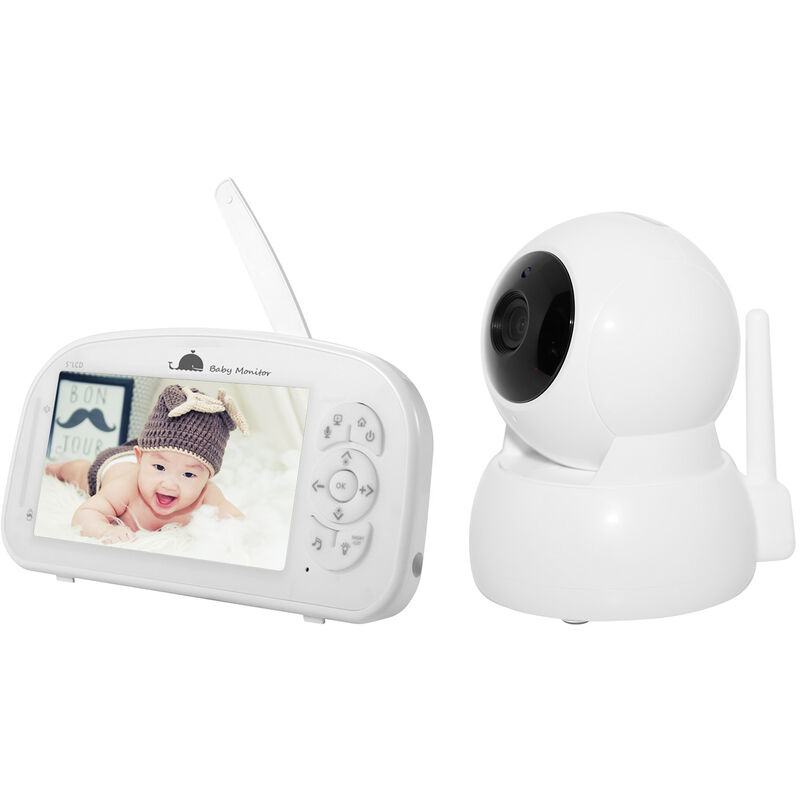 Monitor inalambrico para bebes de 2.4G Monitor de video con camara digital 1080P con pantalla LCD grande de 5 pulgadas Luz nocturna Microfono incorporado Altavoz Admite conversacion bidireccional / Reproduccion de canciones de cuna / Deteccion de temperatura ambiente / Configuracion de tiempo de alimentacion, Enchufe de la UE