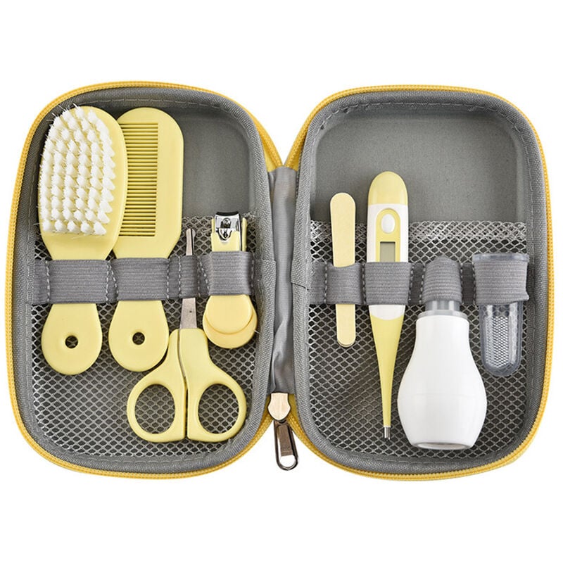 Kit de aseo portátil para bebés Juego de cuidado de seguridad para bebés Cortauñas Lima de uñas Cepillo Peine Aspirador nasal Tijeras Termómetro electrónico Cepillo de dientes con estuche de almacenamiento, Amarillo