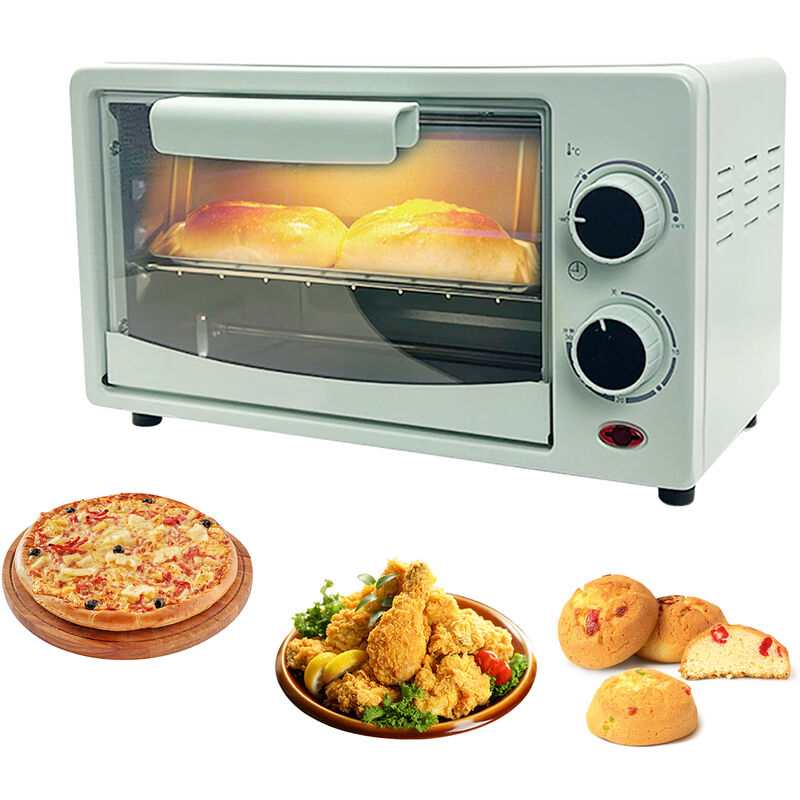 Horno doméstico pequeño Mini 12L 60-230 ℃ Ajuste de temperatura de área amplia 700W Tostador eléctrico automático de función múltiple de alta potencia puede ser cronometrado, Verde, enchufe de la UE