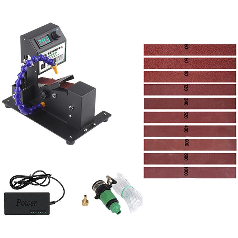 Mini lijadora de banda de 350 W, lijadora eléctrica, pulidora, lijadora, amoladora, lijadora, lijadora, pequeña máquina de banda de arena, regulación de velocidad continua con 10 bandas de lijado para pulir madera, acrílico, metal (tamaño de la banda: 30*380mm), UE y tipo 1