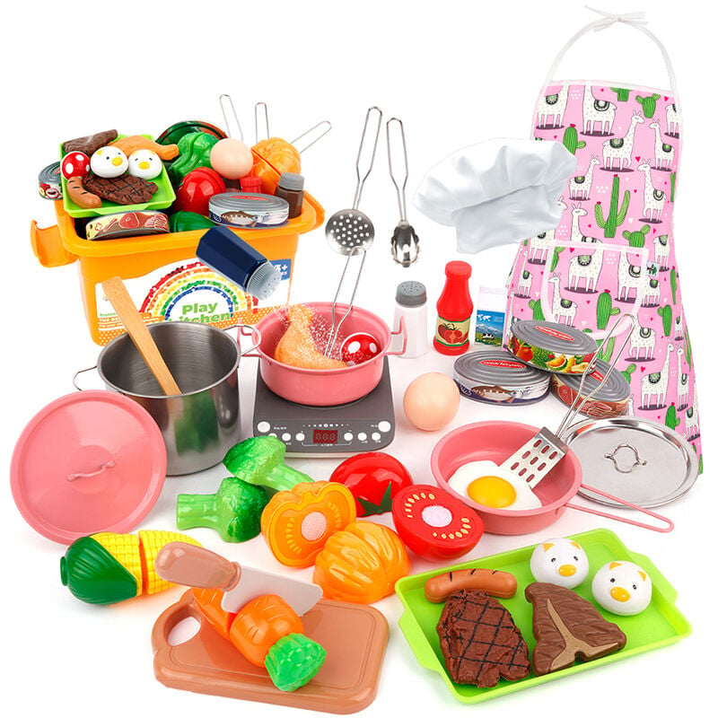 Juego de cocina para niños de 38 piezas, juguetes de cocina para niños, juego de cocina con estuche de almacenamiento, juego de ollas y sartenes, delantal y sombrero de chef para cortar verduras para niñas de 3 años o más, Multicolor, WQ9177-3