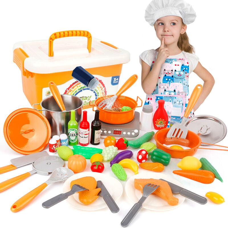 Juego de cocina para niños de 57 piezas, juguetes de cocina para niños, juego de cocina con estuche de almacenamiento, juego de ollas y sartenes, delantal y sombrero de chef, verduras, frutas para niños de 3 años o más, Multicolor, WQ9170-2