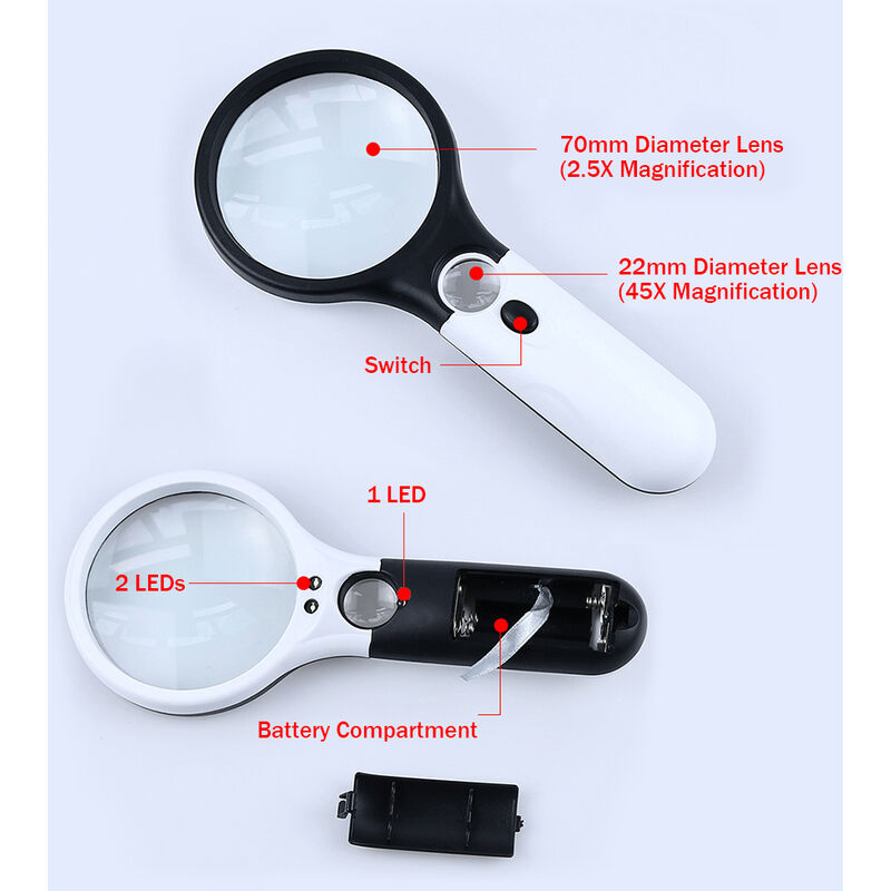 11CM Hand 45X Vergrößerungsleseglasobjektiv-Schmuck-Lupe mit 3 LED-Licht YR 
