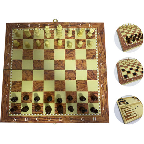 3-in-1 Spielset Schach Backgammon Dame mit Spielfiguren Würfel Spielbrett Holz 