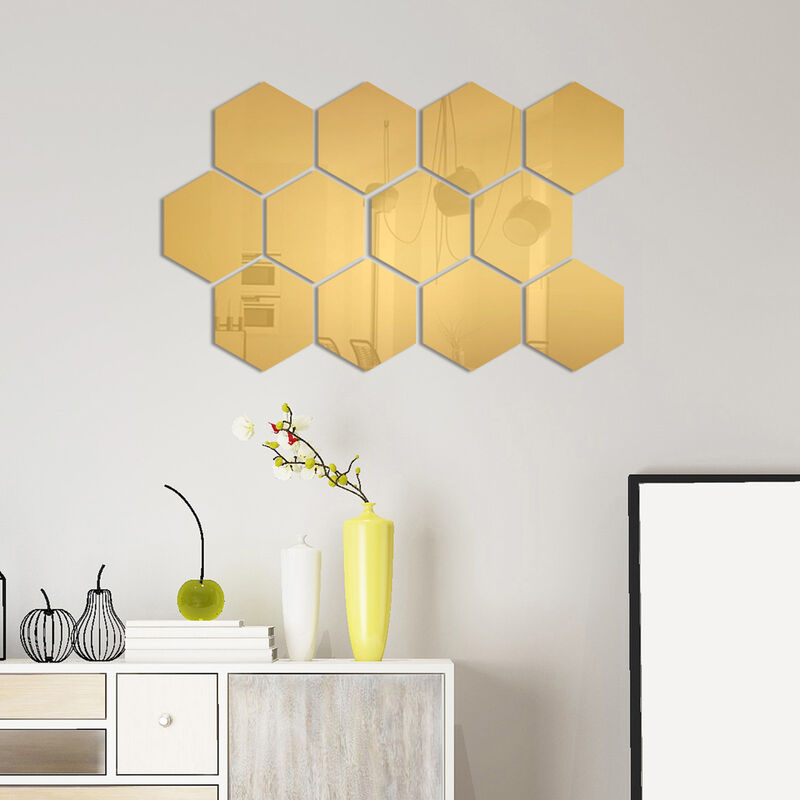 Irich Gold Wall Mirror Stickers with Beautiful Decorate for Home Gold 12Pcs Hexagon Sticker Bedroom Wall TV Backdrop &Sofa Wall Living Room Wall 