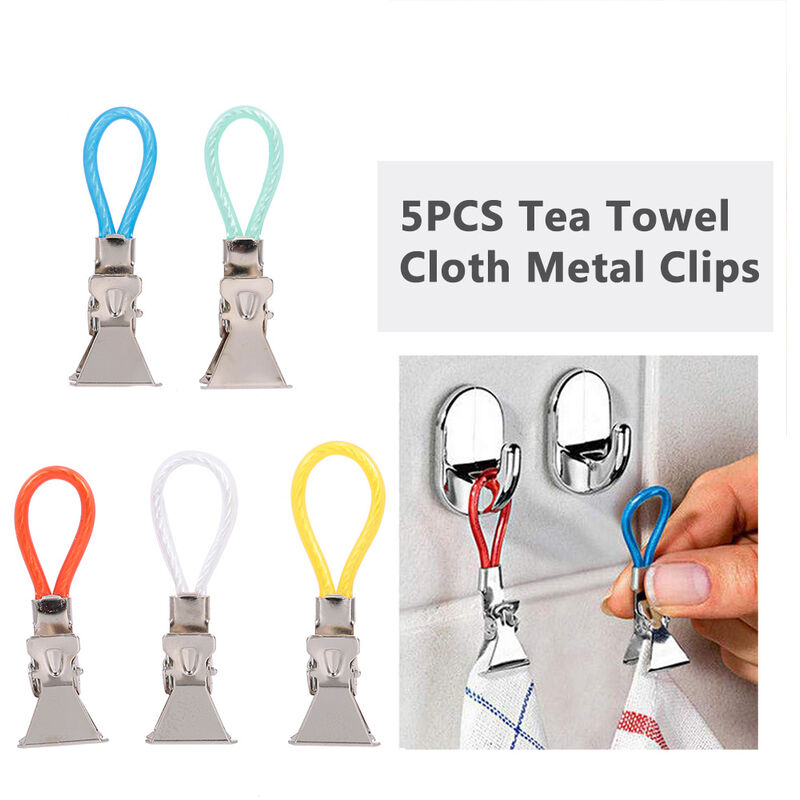 30 Pieces Tea Towel Clips and Hooks Kitchen Hanging Clips with Hooks Dish Cloth Clips with Clear Storage Box 5 Colors Metal Hanging Clips for Towels 