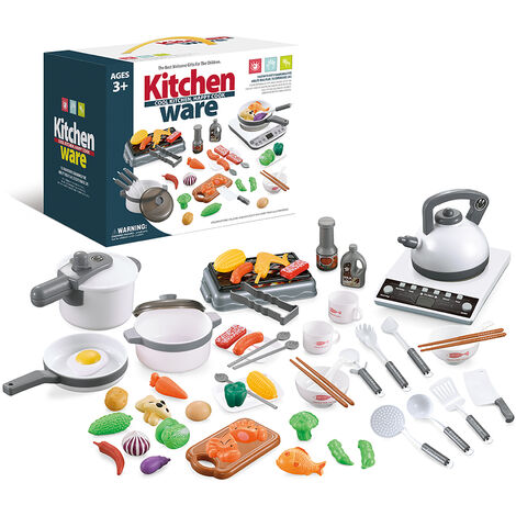 52PCS Kitchen Play Toy Kids Pretend Playset with Cookware Pots and Pans Set Play Food Fruits Cooking Utensils Toy Cutlery Early Educational Toys for Girls Boys Kids,model:White