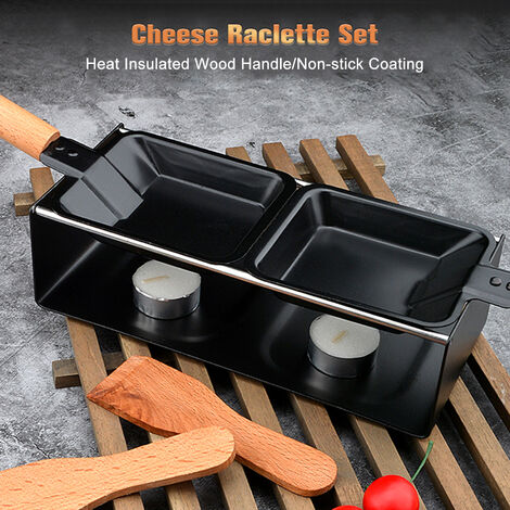 Cheese Raclette Set Cheese Melter Pan Non-Stick Raclette Grill Set Portable Candlelight Raclette with Spatula Home Metal Kitchen Grilling Tool with Wood Handle,model:Black&Brown