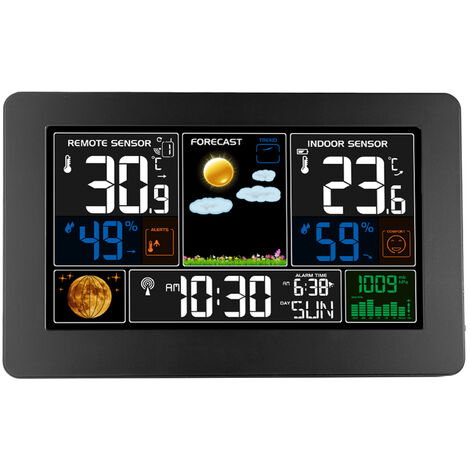 3-In-1 Weather Station Clock Wall-Mounted Digital Clock Thermometer Hygrometer Barometer Indoor Outdoor Color Screen Clock with RF Transmitter Electronic Table Clock with Weather Forecast Calendar Moon Phase Dual Alarm Clock Snooze,model:Black