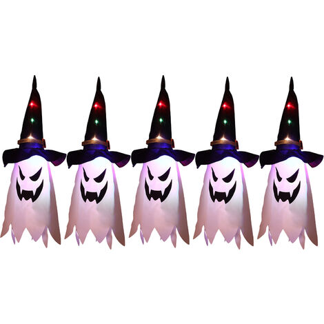 5PCS Halloween Witch Hat Hanging Light Ghost Wizard Hat Shaped LED Ghost Lamp Battery-Powered Hanging Flashing Witch Ghost Light Garden Decorative Ghost Lights for Halloween Party Bar Outdoor Decor,model:Multicolor