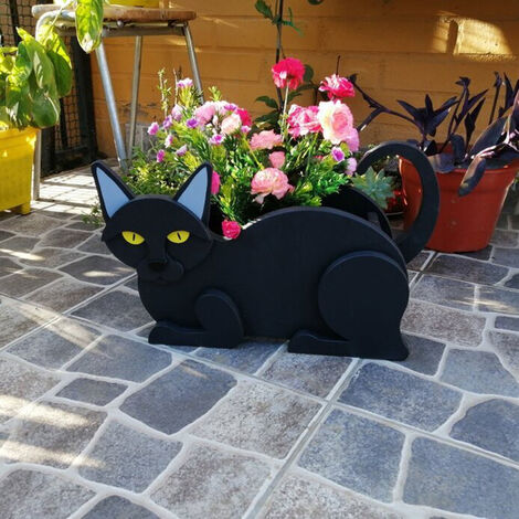 Cartoon Animals Cute Wooden Cat Shape Pot Plant Garden Decorated Black Cat Planter
