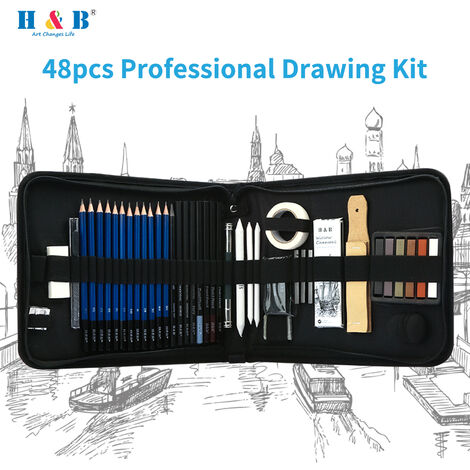 Drawing Sketch Kit with Bag Drawing Set Charcoal Drawing for Art Students Painting Lovers 48 Piece Sketching Pencil Professional Sketching 
