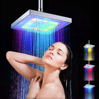 LED Rainfall Shower Head Square Shower Head Automatically Color-Changing Showerhead, Silver , Multiple Colors LED