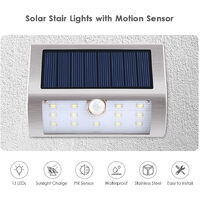Solar Step Lights Motion Sensor Outdoor 13 LEDs Waterproof Solar Stair Light PIR Mini Stainless Steel Solar Powered Deck Lights LED Wall Lights Auto On/ Off for Stairs Fence Patio Yard Garden,model:Silver White Light