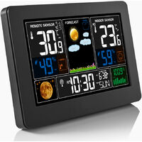 3-In-1 Weather Station Clock Wall-Mounted Digital Clock Thermometer Hygrometer Barometer Indoor Outdoor Color Screen Clock with RF Transmitter Electronic Table Clock with Weather Forecast Calendar Moon Phase Dual Alarm Clock Snooze,model:Black