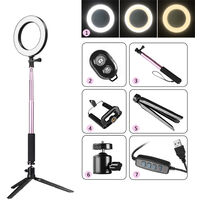 DC5V 5W 64 LED Ring Light Round Selfie Camera Lamp with Telescopic Tripod/ Cellphone Holder/ BT Connected Remote Control 145MM Diameter Width USB Powered Operated 10 Levels Adjustable Brightness Dimmable/ Color Temperature Changing/ 360