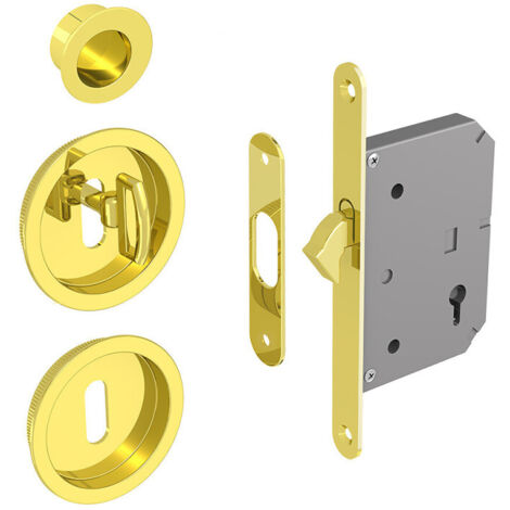 Hakenschloss Set für Schiebetüren, mit Schlüssel, runde Türrosette mit Griffmulde, gold