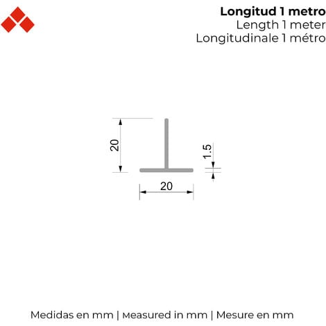 Profil en T  Fabriqué en aluminium  Finition anodisée mate    Mesures 20201000mm  Longueur du profil 1 mètre  Épaisseur 1 mm  1 unité