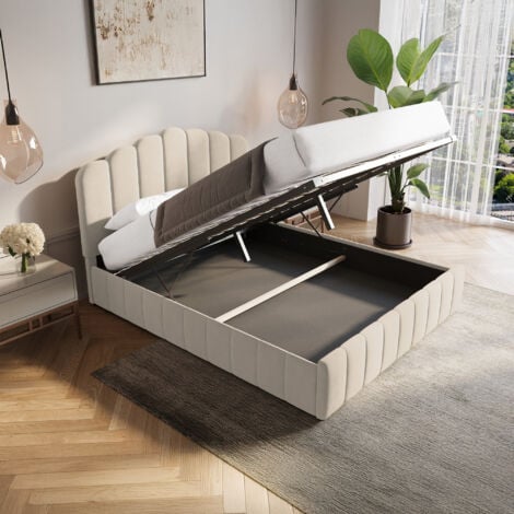 MADALA - Lit coffre 140x190 cm en velours beige