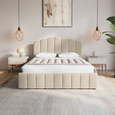 MADALA - Lit coffre 140x190 cm en velours beige
