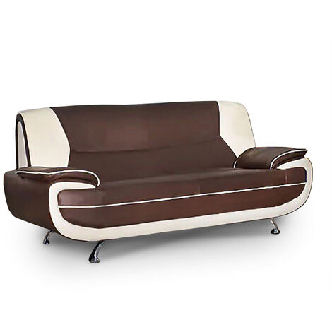 Mobilier Deco – Canapé droit 3 places simili cuir marron et blanc – Style contemporain – Confort optimal pour salon moderne – Dimensions adaptées (1/2)