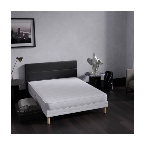 Mobilier Deco – Ensemble sommier tapissier et matelas 140x190 cm – Mousse polyuréthane 15 cm – Anti-bactérien et anti-acariens – 12 lattes en pin massif