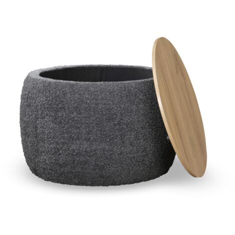 YUNIA - Pouf rond coffre effet peau de mouton gris foncé (1/3)