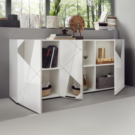 ADRIANA - Buffet 3 portes design blanc détails miroir