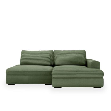 Mobilier Deco – Canapé d'angle convertible avec coffre en velours gros côtelé vert – 5 places – Angle droit – Design chic et élégant (1/5)