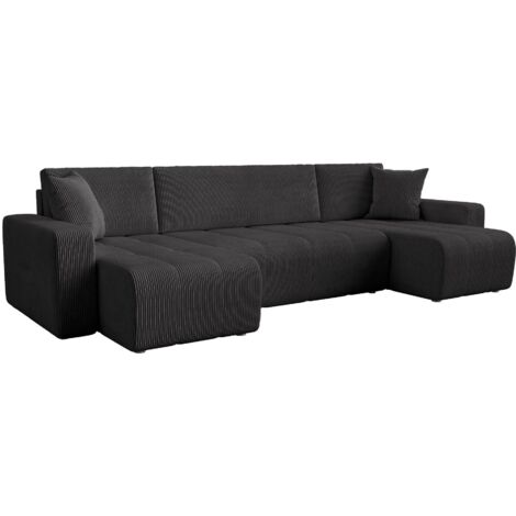Mobilier Deco – Canapé panoramique convertible avec coffre – Velours côtelé gris foncé – Confort optimal et espace de rangement intégré