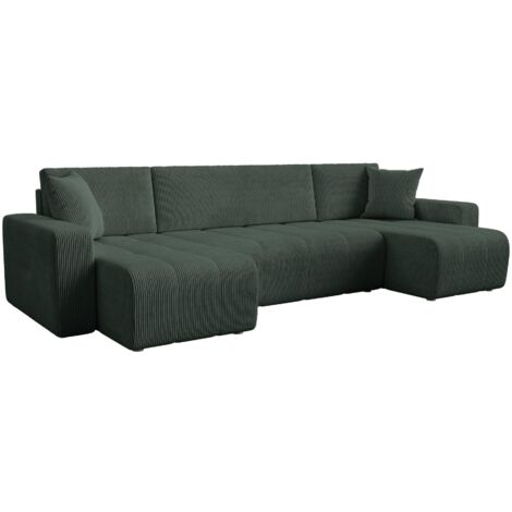 Mobilier Deco – Canapé panoramique convertible avec coffre – Velours côtelé vert – Espace de couchage intégré – Confort optimal pour salon