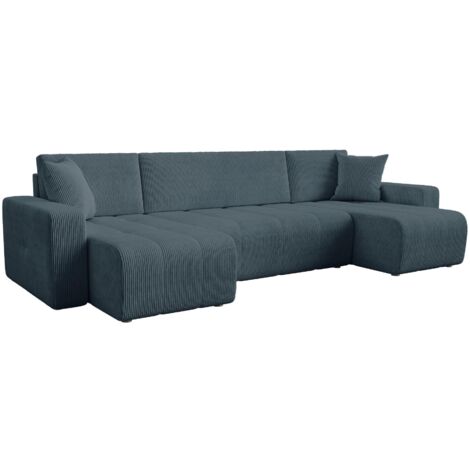 Mobilier Deco – Canapé panoramique convertible avec coffre en velours côtelé bleu – Assise spacieuse et confortable – Espaces de couchage intégrés